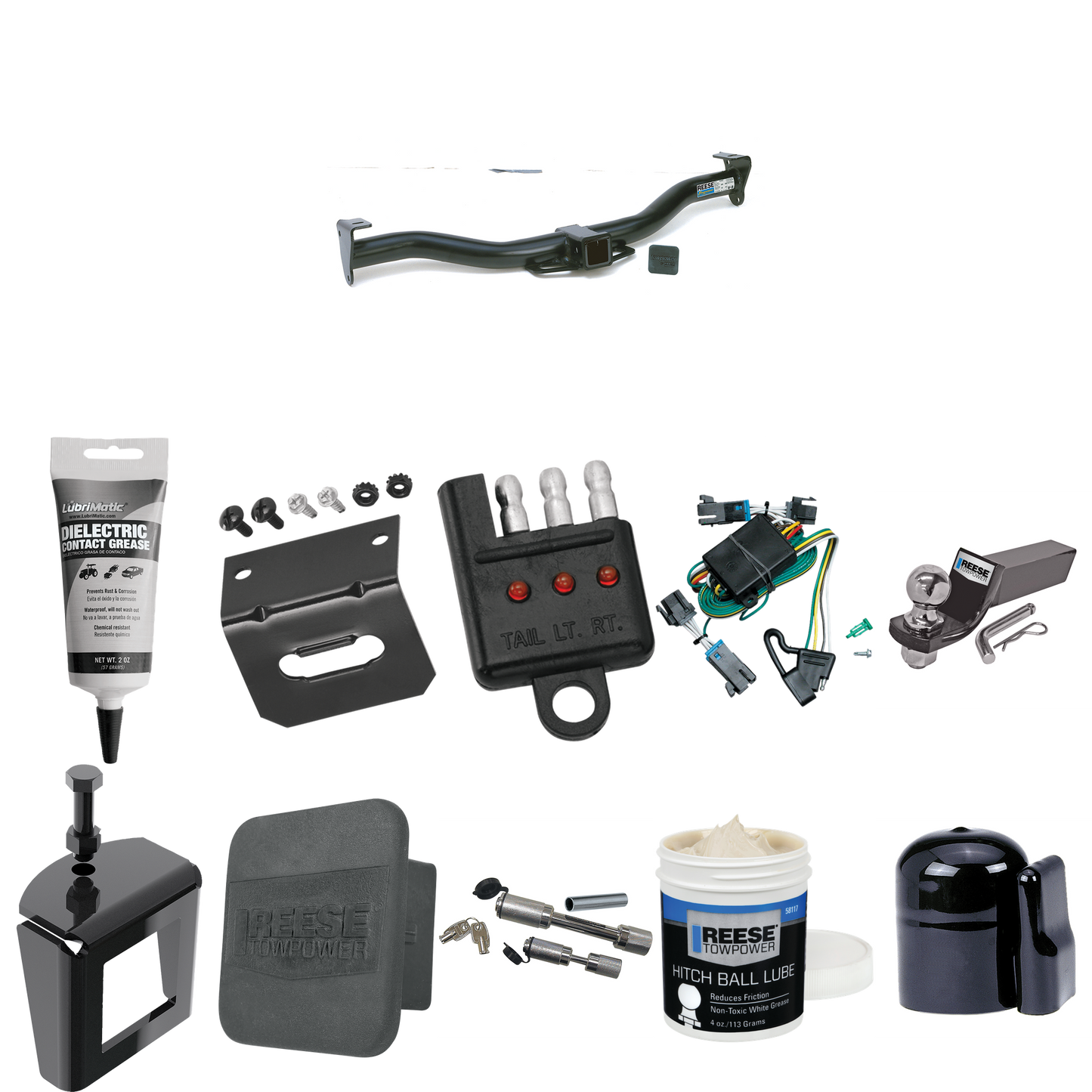 Fits 2000-2002 Chevrolet Express 2500 Trailer Hitch Tow PKG w/ 4-Flat Wiring + Starter Kit Ball Mount w/ 2" Drop & 2" Ball + 1-7/8" Ball + Wiring Bracket + Dual Hitch & Coupler Locks + Hitch Cover + Wiring Tester + Ball Lube + Electric Grease + Ball