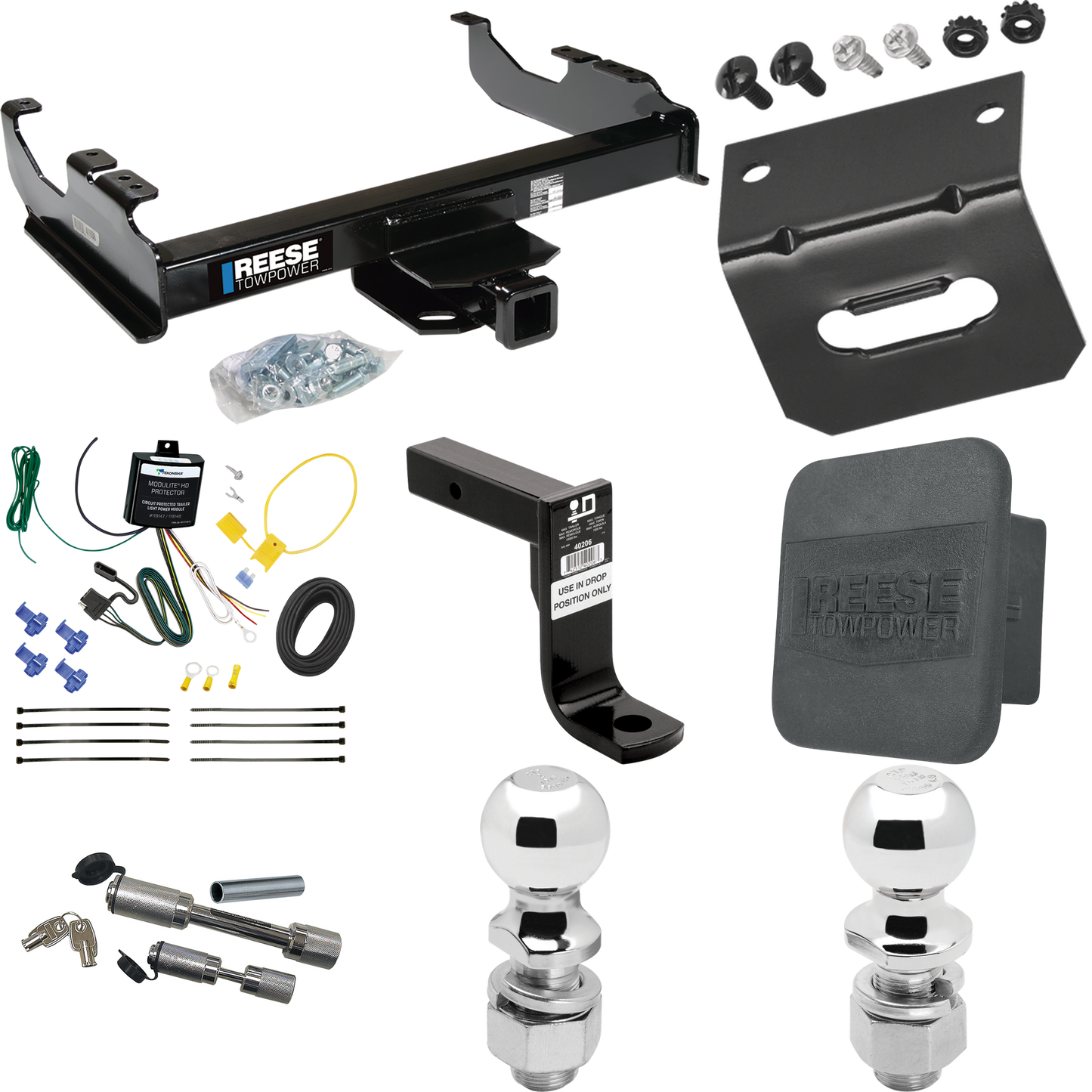 Fits 2007-2023 GMC Sierra 3500 HD Trailer Hitch Tow PKG w/ 4-Flat Wiring Harness + Ball Mount w/ 8" Drop + Dual Hitch & Coupler Locks + 2" Ball + 2-5/16" Ball + Hitch Cover + Wiring Bracket (For Cab & Chassis, w/34" Wide Frames Models) By Reese Towpo