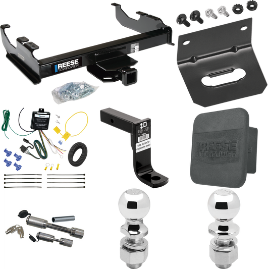 Fits 2007-2023 GMC Sierra 3500 HD Trailer Hitch Tow PKG w/ 4-Flat Wiring Harness + Ball Mount w/ 8" Drop + Dual Hitch & Coupler Locks + 2" Ball + 2-5/16" Ball + Hitch Cover + Wiring Bracket (For Cab & Chassis, w/34" Wide Frames Models) By Reese Towpo