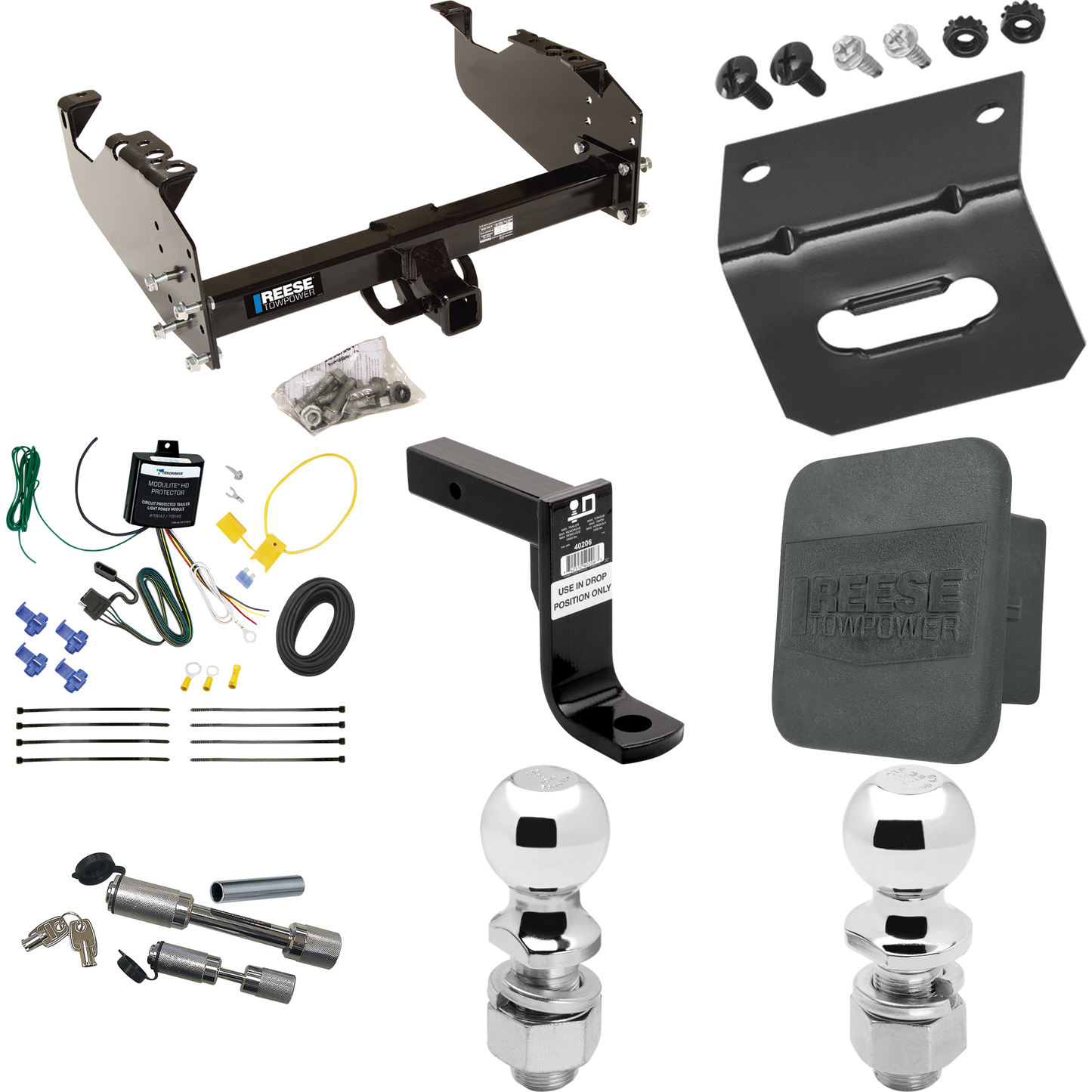 Fits 2007-2023 GMC Sierra 3500 HD Trailer Hitch Tow PKG w/ 4-Flat Wiring Harness + Ball Mount w/ 8" Drop + Dual Hitch & Coupler Locks + 2" Ball + 2-5/16" Ball + Hitch Cover + Wiring Bracket (For Cab & Chassis, w/34" Wide Frames Models) By Reese Towpo