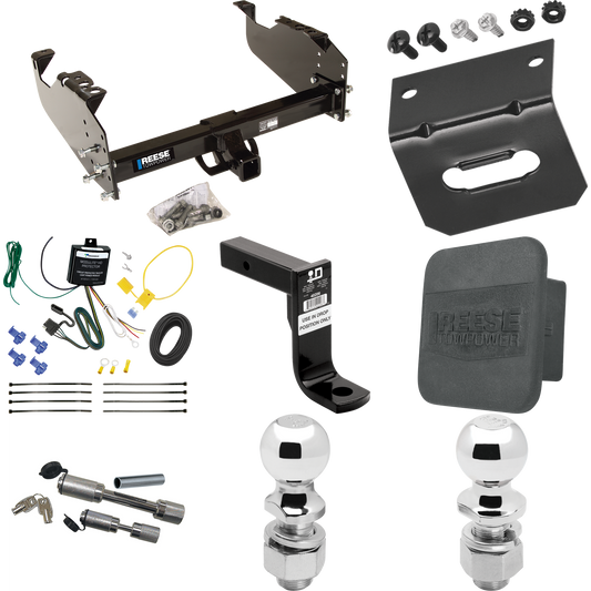 Fits 2007-2023 GMC Sierra 3500 HD Trailer Hitch Tow PKG w/ 4-Flat Wiring Harness + Ball Mount w/ 8" Drop + Dual Hitch & Coupler Locks + 2" Ball + 2-5/16" Ball + Hitch Cover + Wiring Bracket (For Cab & Chassis, w/34" Wide Frames Models) By Reese Towpo