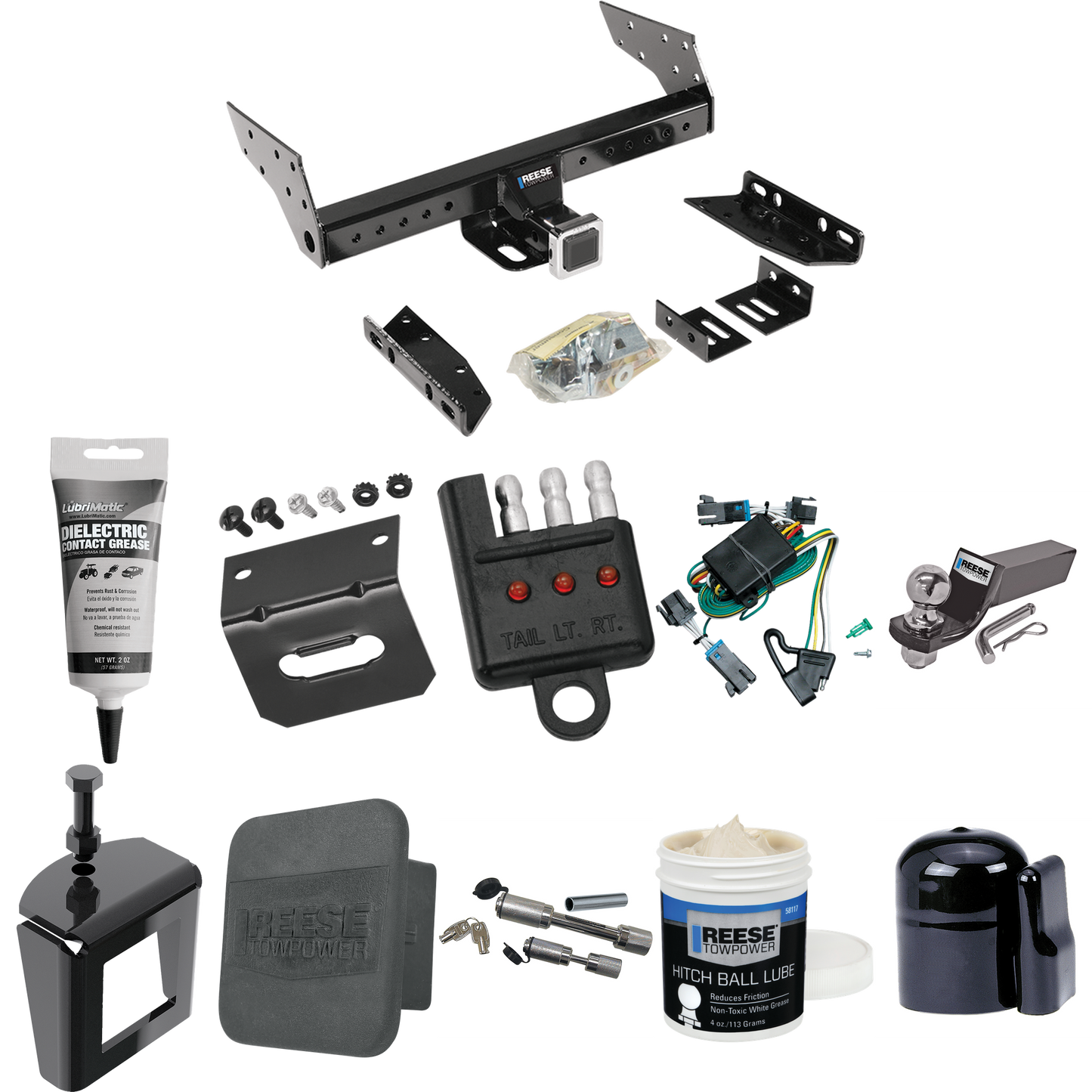 Fits 2000-2002 Chevrolet Express 1500 Trailer Hitch Tow PKG w/ 4-Flat Wiring + Starter Kit Ball Mount w/ 2" Drop & 2" Ball + 1-7/8" Ball + Wiring Bracket + Dual Hitch & Coupler Locks + Hitch Cover + Wiring Tester + Ball Lube + Electric Grease + Ball