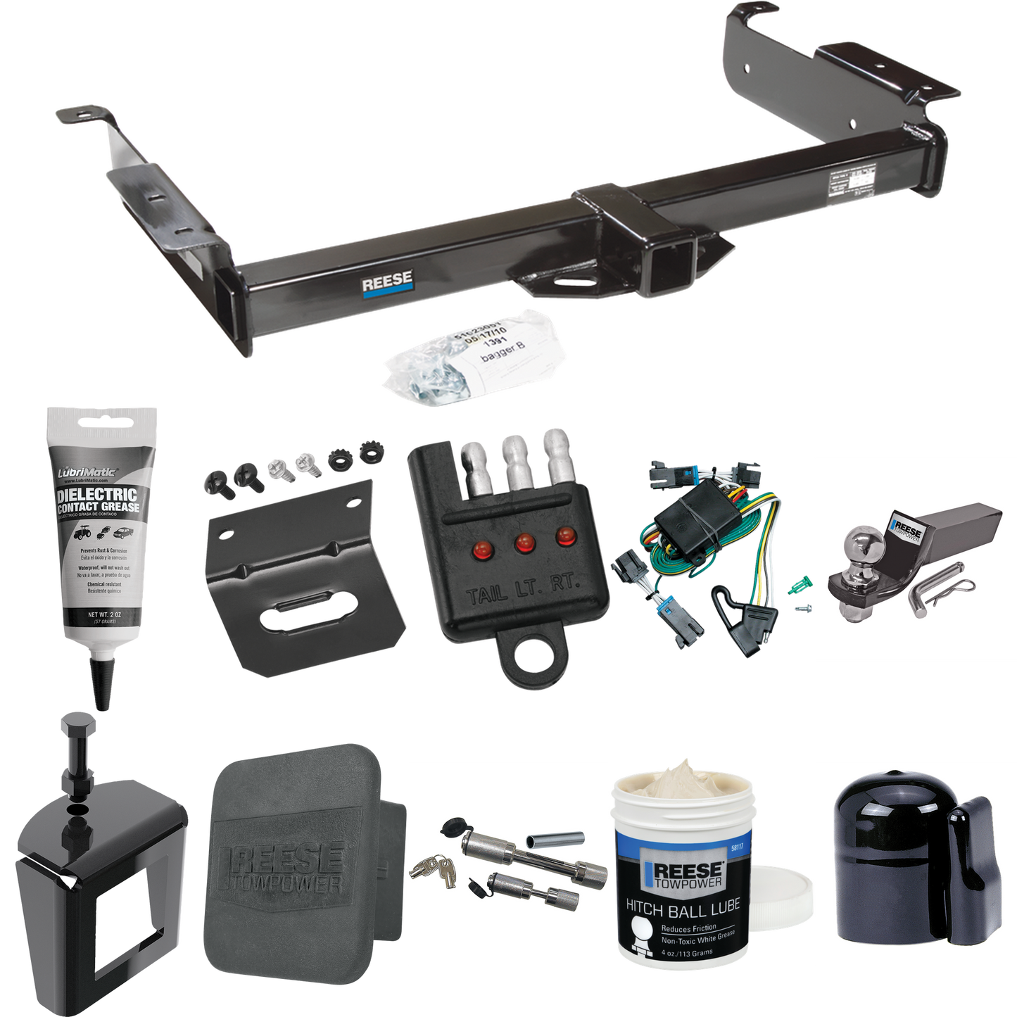 Fits 2000-2002 Chevrolet Express 1500 Trailer Hitch Tow PKG w/ 4-Flat Wiring + Starter Kit Ball Mount w/ 2" Drop & 2" Ball + 1-7/8" Ball + Wiring Bracket + Dual Hitch & Coupler Locks + Hitch Cover + Wiring Tester + Ball Lube + Electric Grease + Ball