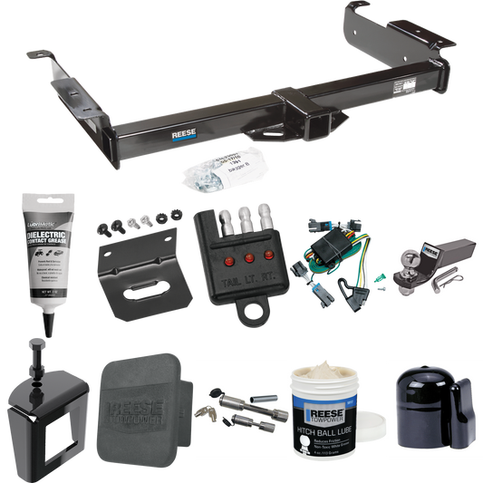 Fits 2000-2002 GMC Savana 3500 Trailer Hitch Tow PKG w/ 4-Flat Wiring + Starter Kit Ball Mount w/ 2" Drop & 2" Ball + 1-7/8" Ball + Wiring Bracket + Dual Hitch & Coupler Locks + Hitch Cover + Wiring Tester + Ball Lube + Electric Grease + Ball Wrench