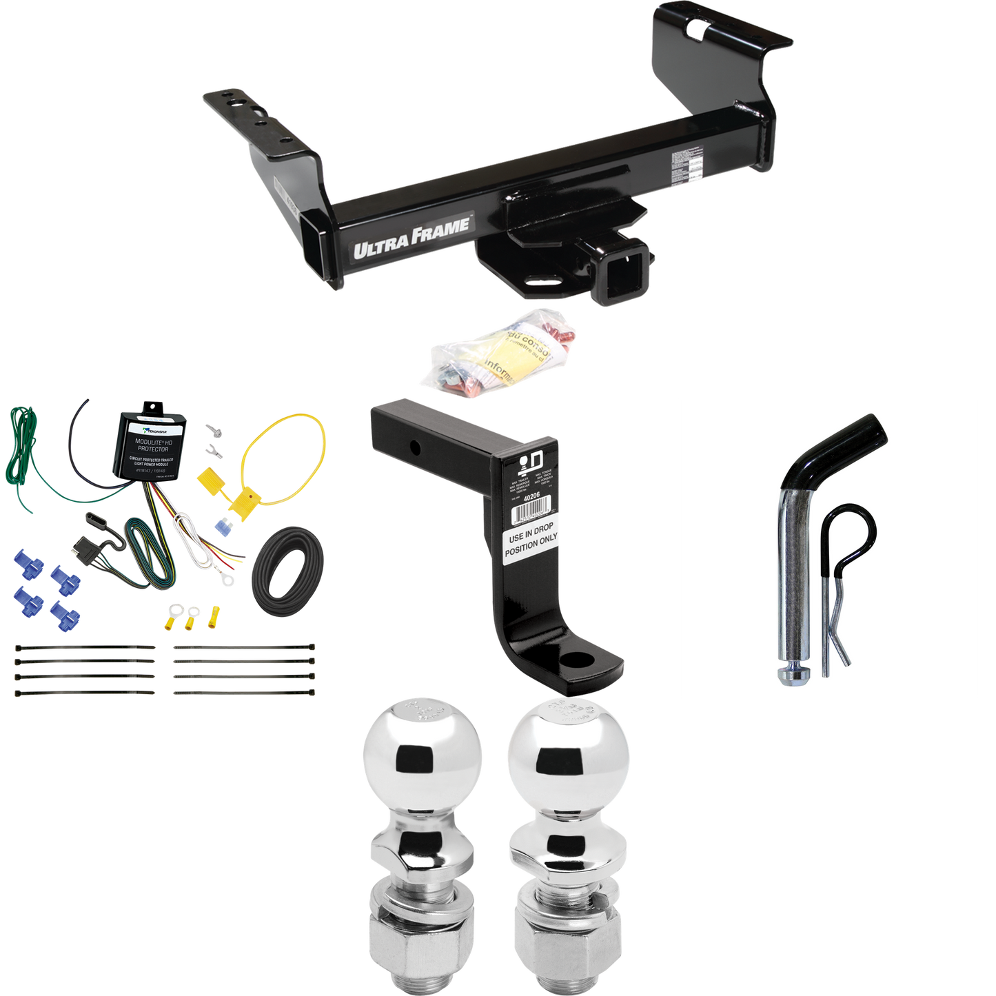 Fits 2007-2024 GMC Sierra 3500 HD Trailer Hitch Tow PKG w/ 4-Flat Wiring Harness + Ball Mount w/ 8" Drop + Pin/Clip + 2" Ball + 2-5/16" Ball (For Cab & Chassis, w/34" Wide Frames Models) By Draw-Tite