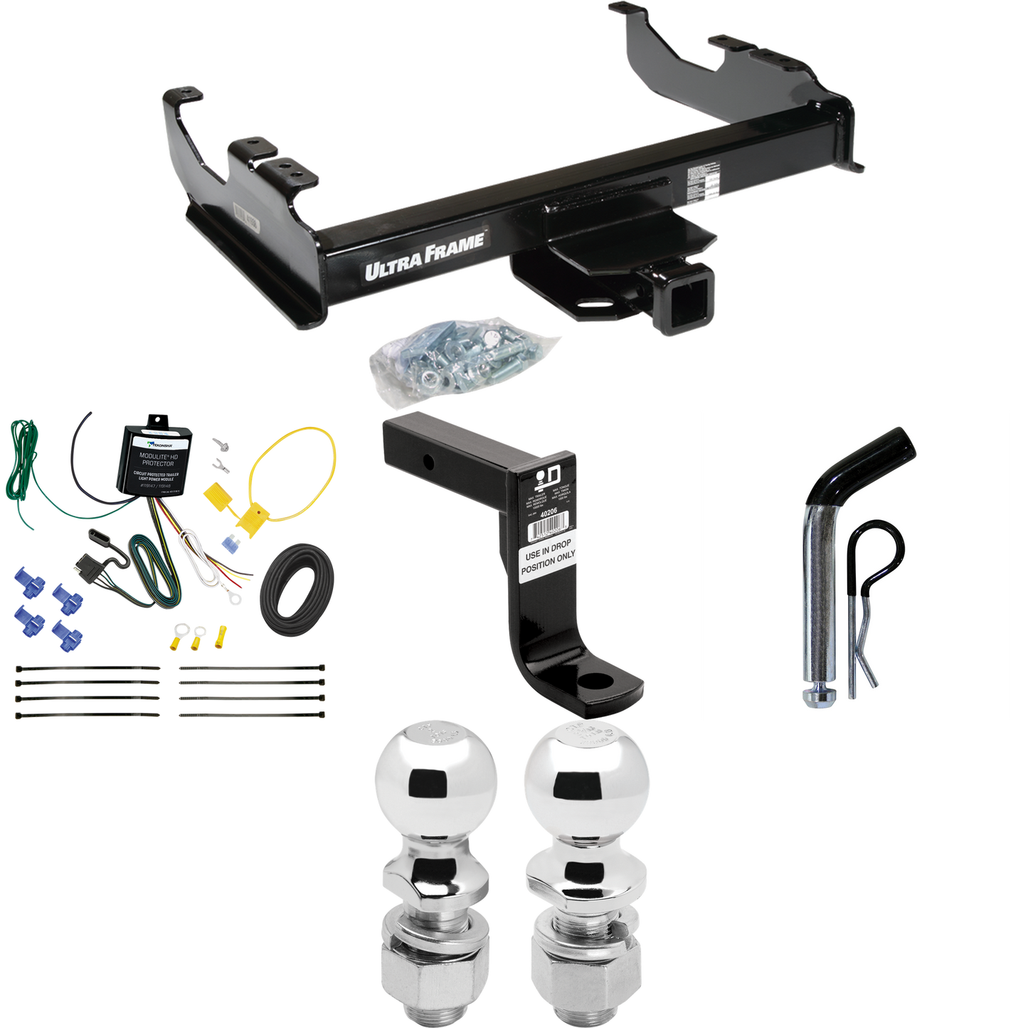 Fits 2007-2023 GMC Sierra 3500 HD Trailer Hitch Tow PKG w/ 4-Flat Wiring Harness + Ball Mount w/ 8" Drop + Pin/Clip + 2" Ball + 2-5/16" Ball (For Cab & Chassis, w/34" Wide Frames Models) By Draw-Tite