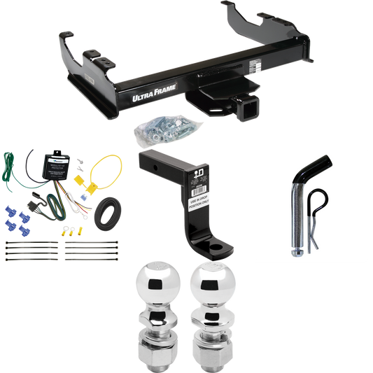 Fits 2007-2023 GMC Sierra 3500 HD Trailer Hitch Tow PKG w/ 4-Flat Wiring Harness + Ball Mount w/ 8" Drop + Pin/Clip + 2" Ball + 2-5/16" Ball (For Cab & Chassis, w/34" Wide Frames Models) By Draw-Tite