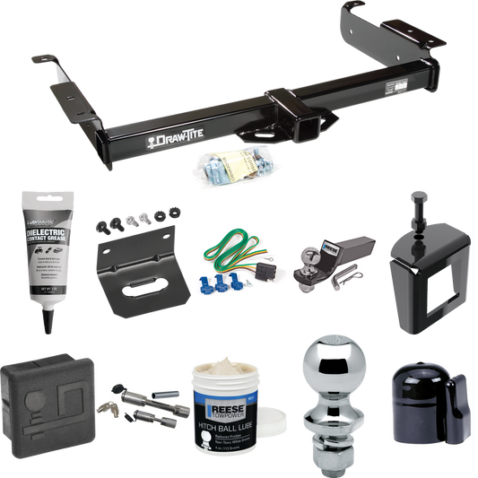 Fits 1996-1999 GMC Savana 1500 Trailer Hitch Tow PKG w/ 4-Flat Wiring + Starter Kit Ball Mount w/ 2" Drop & 2" Ball + 1-7/8" Ball + Wiring Bracket + Dual Hitch & Coupler Locks + Hitch Cover + Wiring Tester + Ball Lube +Electric Grease + Ball Wrench +