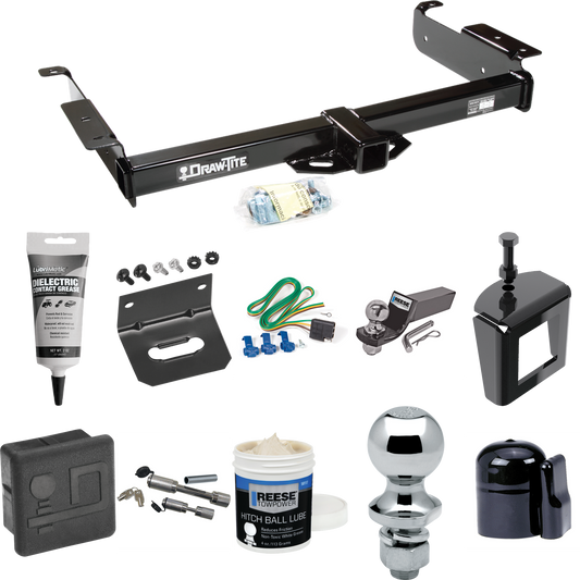 Fits 1996-1999 Chevrolet Express 1500 Trailer Hitch Tow PKG w/ 4-Flat Wiring + Starter Kit Ball Mount w/ 2" Drop & 2" Ball + 1-7/8" Ball + Wiring Bracket + Dual Hitch & Coupler Locks + Hitch Cover + Wiring Tester + Ball Lube +Electric Grease + Ball W
