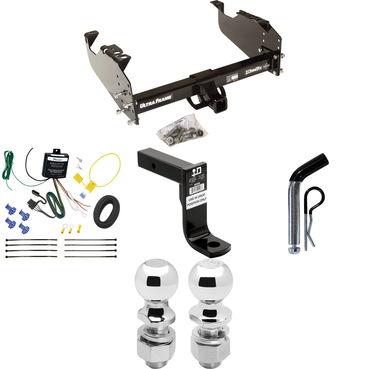 Fits 2001-2007 GMC Sierra 3500 Trailer Hitch Tow PKG w/ 4-Flat Wiring Harness + Ball Mount w/ 8" Drop + Pin/Clip + 2" Ball + 2-5/16" Ball (For (Classic), Cab & Chassis, w/34" Wide Frames Models) By Draw-Tite