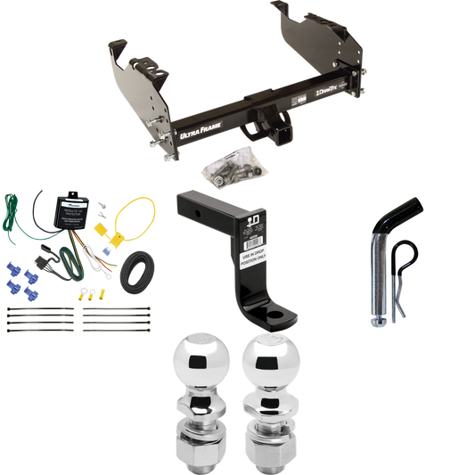 Fits 2001-2007 GMC Sierra 3500 Trailer Hitch Tow PKG w/ 4-Flat Wiring Harness + Ball Mount w/ 8" Drop + Pin/Clip + 2" Ball + 2-5/16" Ball (For (Classic), Cab & Chassis, w/34" Wide Frames Models) By Draw-Tite