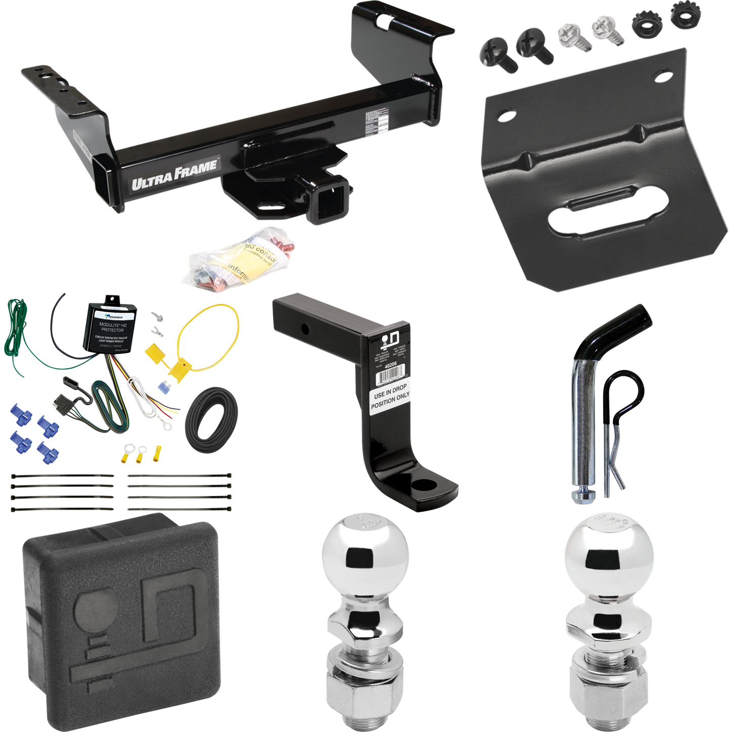 Fits 2007-2024 GMC Sierra 3500 HD Trailer Hitch Tow PKG w/ 4-Flat Wiring Harness + Ball Mount w/ 8" Drop + Pin/Clip + 2" Ball + 2-5/16" Ball + Hitch Cover + Wiring Bracket (For Cab & Chassis, w/34" Wide Frames Models) By Draw-Tite