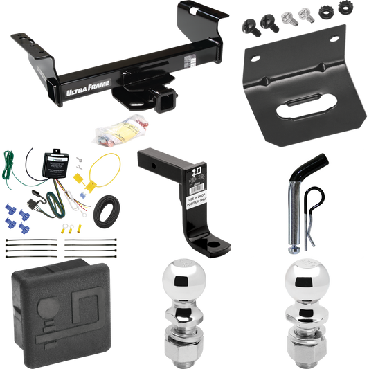 Fits 2007-2024 GMC Sierra 3500 HD Trailer Hitch Tow PKG w/ 4-Flat Wiring Harness + Ball Mount w/ 8" Drop + Pin/Clip + 2" Ball + 2-5/16" Ball + Hitch Cover + Wiring Bracket (For Cab & Chassis, w/34" Wide Frames Models) By Draw-Tite