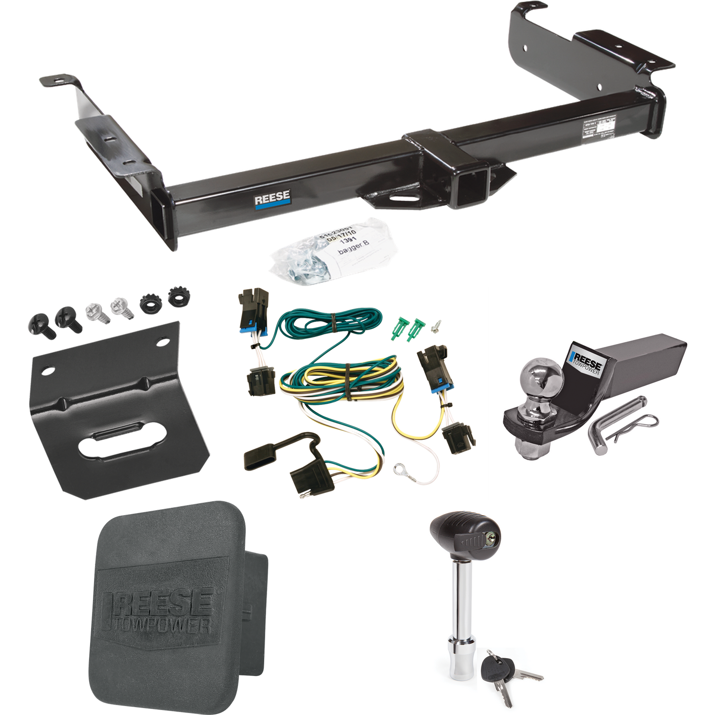 Fits 2003-2003 GMC Savana 2500 Trailer Hitch Tow PKG w/ 4-Flat Wiring + Starter Kit Ball Mount w/ 2" Drop & 2" Ball + 1-7/8" Ball + Wiring Bracket + Hitch Lock + Hitch Cover By Reese Towpower