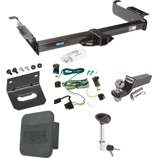 Fits 2003-2003 GMC Savana 2500 Trailer Hitch Tow PKG w/ 4-Flat Wiring + Starter Kit Ball Mount w/ 2" Drop & 2" Ball + 1-7/8" Ball + Wiring Bracket + Hitch Lock + Hitch Cover By Reese Towpower