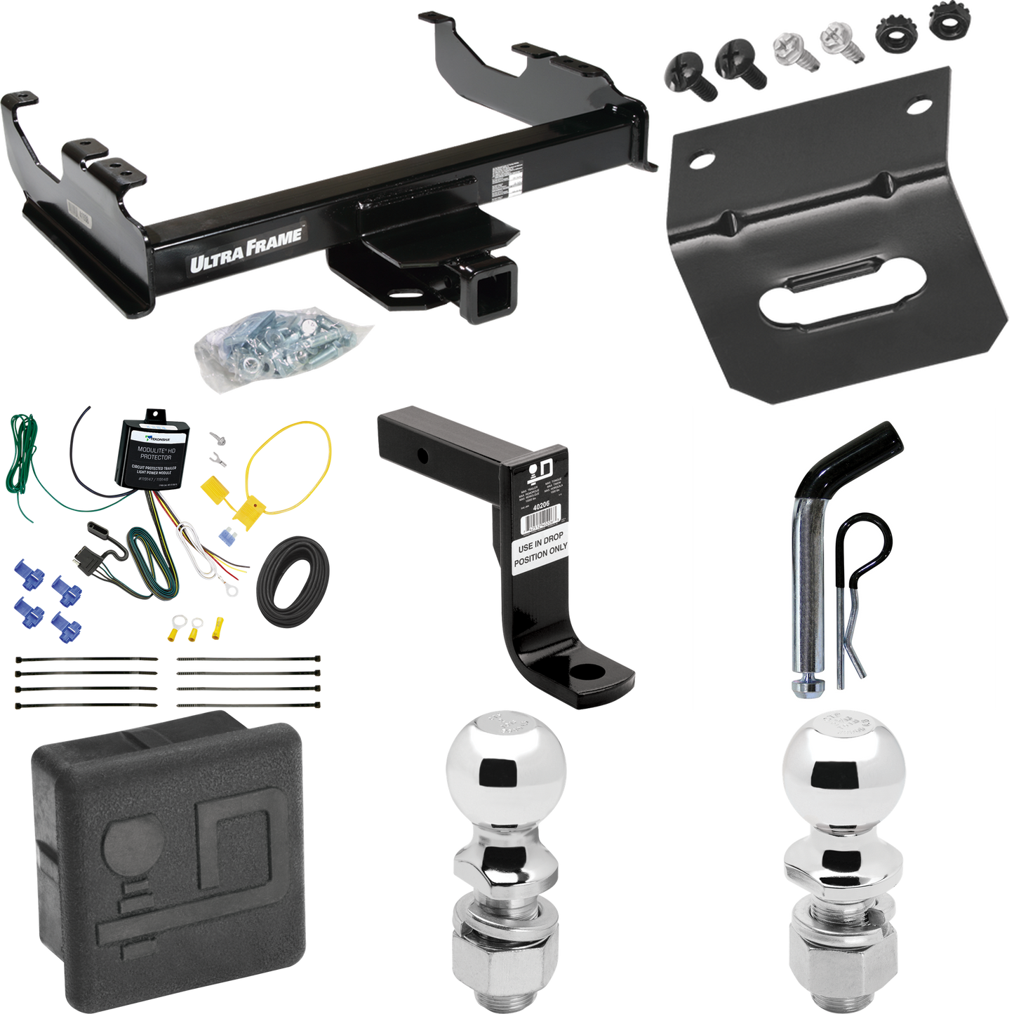 Fits 2007-2023 GMC Sierra 3500 HD Trailer Hitch Tow PKG w/ 4-Flat Wiring Harness + Ball Mount w/ 8" Drop + Pin/Clip + 2" Ball + 2-5/16" Ball + Hitch Cover + Wiring Bracket (For Cab & Chassis, w/34" Wide Frames Models) By Draw-Tite