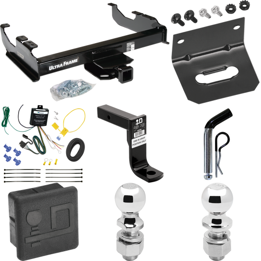 Fits 2007-2023 GMC Sierra 3500 HD Trailer Hitch Tow PKG w/ 4-Flat Wiring Harness + Ball Mount w/ 8" Drop + Pin/Clip + 2" Ball + 2-5/16" Ball + Hitch Cover + Wiring Bracket (For Cab & Chassis, w/34" Wide Frames Models) By Draw-Tite