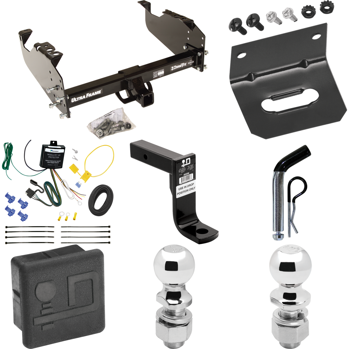 Fits 2007-2024 GMC Sierra 3500 HD Trailer Hitch Tow PKG w/ 4-Flat Wiring Harness + Ball Mount w/ 8" Drop + Pin/Clip + 2" Ball + 2-5/16" Ball + Hitch Cover + Wiring Bracket (For Cab & Chassis, w/34" Wide Frames Models) By Draw-Tite