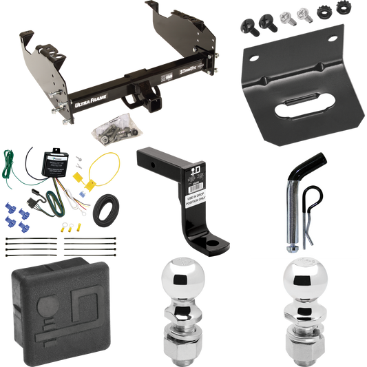 Fits 2007-2024 GMC Sierra 3500 HD Trailer Hitch Tow PKG w/ 4-Flat Wiring Harness + Ball Mount w/ 8" Drop + Pin/Clip + 2" Ball + 2-5/16" Ball + Hitch Cover + Wiring Bracket (For Cab & Chassis, w/34" Wide Frames Models) By Draw-Tite