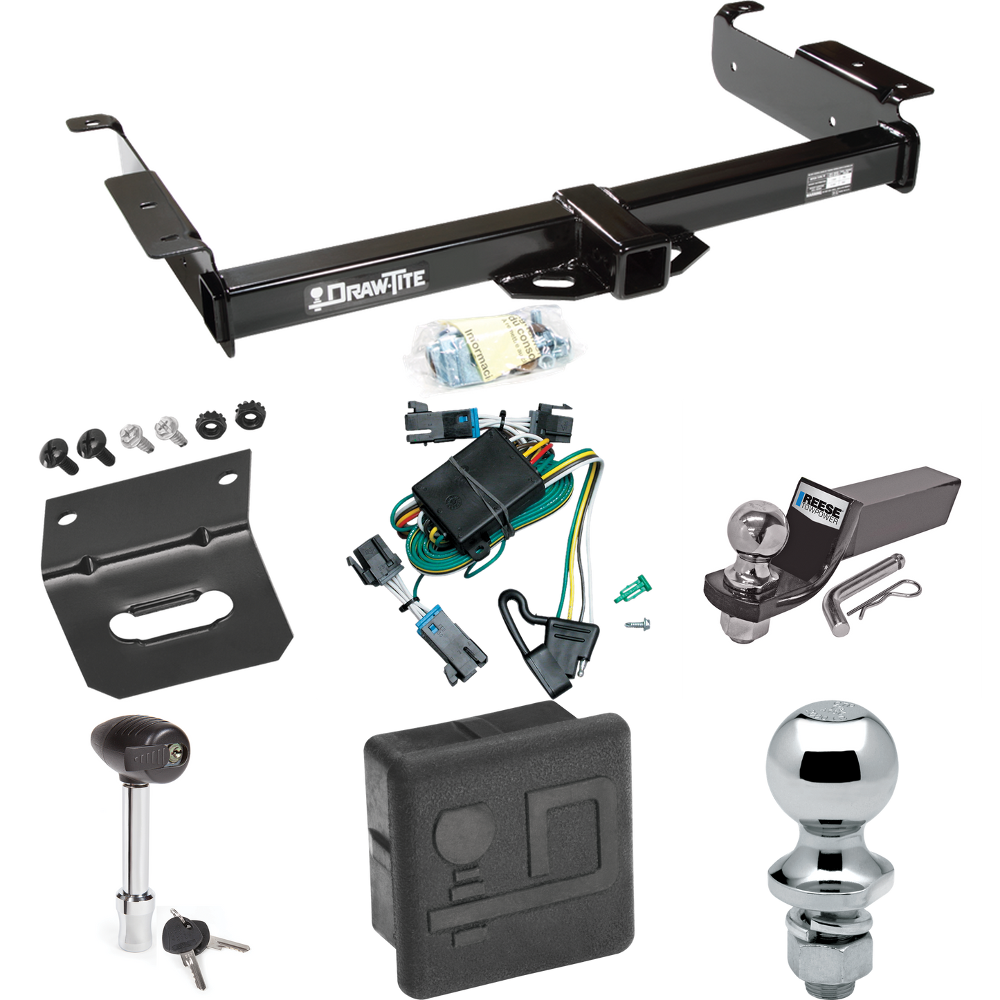 Fits 2000-2002 Chevrolet Express 2500 Trailer Hitch Tow PKG w/ 4-Flat Wiring + Starter Kit Ball Mount w/ 2" Drop & 2" Ball + 1-7/8" Ball + Wiring Bracket + Hitch Lock + Hitch Cover By Draw-Tite