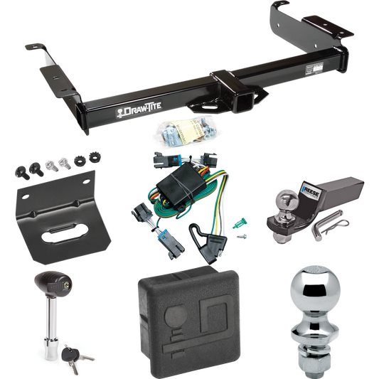 Fits 2000-2002 Chevrolet Express 2500 Trailer Hitch Tow PKG w/ 4-Flat Wiring + Starter Kit Ball Mount w/ 2" Drop & 2" Ball + 1-7/8" Ball + Wiring Bracket + Hitch Lock + Hitch Cover By Draw-Tite