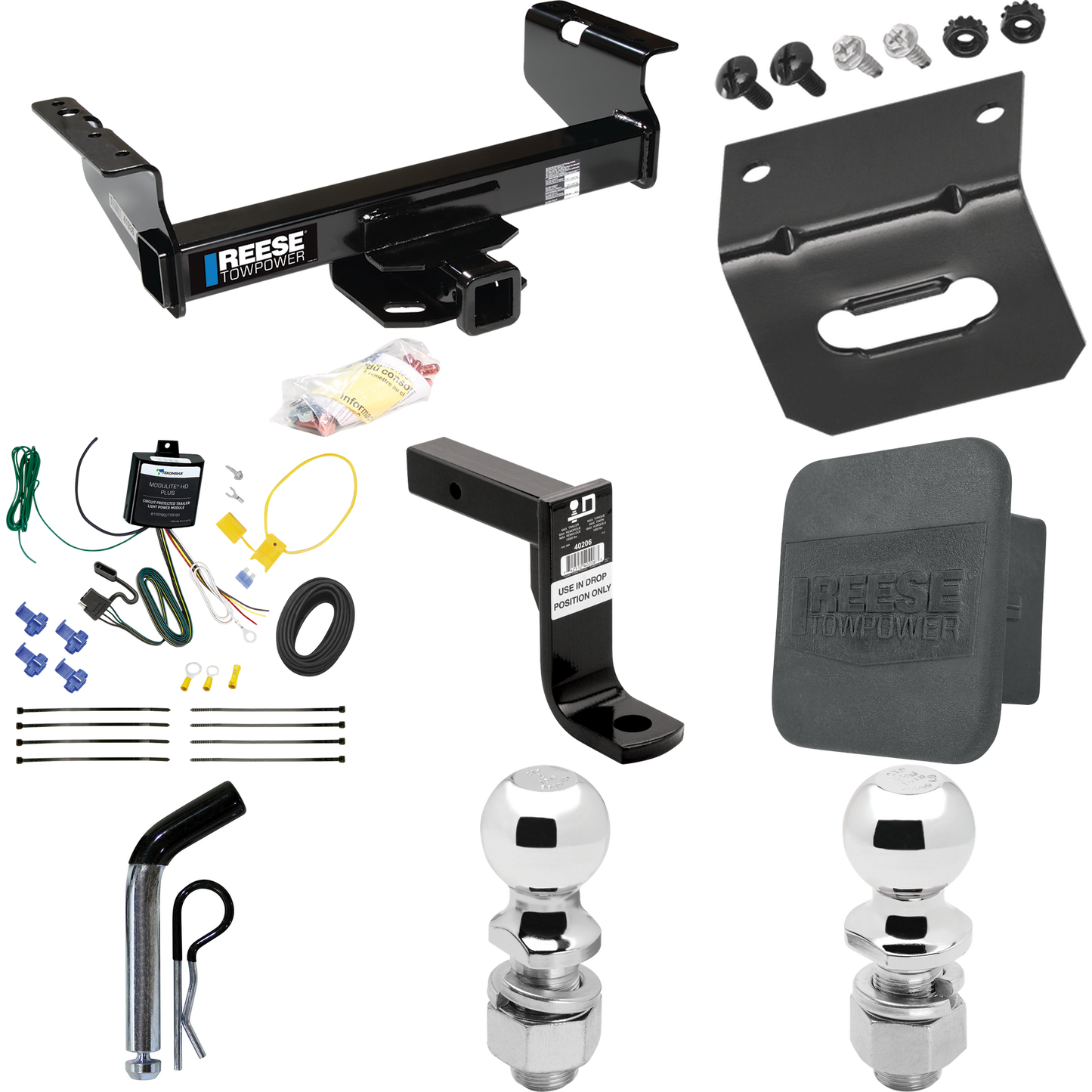 Fits 2007-2023 GMC Sierra 3500 HD Trailer Hitch Tow PKG w/ 4-Flat Wiring Harness + Ball Mount w/ 8" Drop + Pin/Clip + 2" Ball + 2-5/16" Ball + Hitch Cover + Wiring Bracket (For Cab & Chassis, w/34" Wide Frames Models) By Reese Towpower