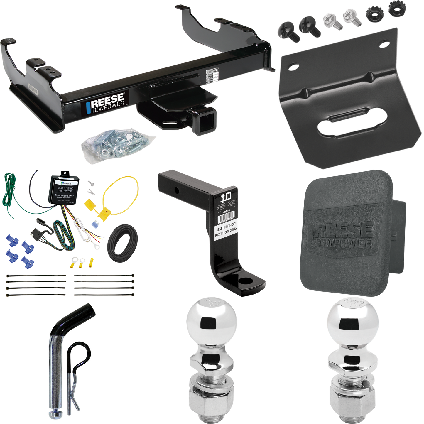 Fits 2007-2023 GMC Sierra 3500 HD Trailer Hitch Tow PKG w/ 4-Flat Wiring Harness + Ball Mount w/ 8" Drop + Pin/Clip + 2" Ball + 2-5/16" Ball + Hitch Cover + Wiring Bracket (For Cab & Chassis, w/34" Wide Frames Models) By Reese Towpower