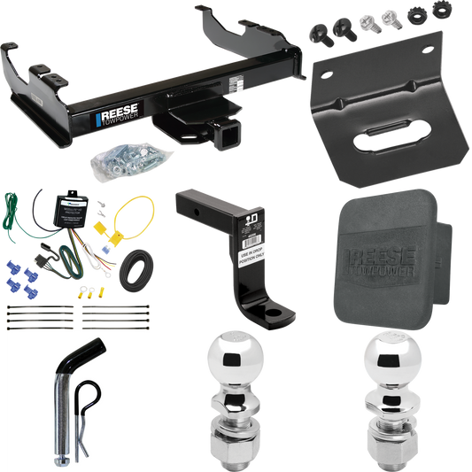 Fits 2007-2023 GMC Sierra 3500 HD Trailer Hitch Tow PKG w/ 4-Flat Wiring Harness + Ball Mount w/ 8" Drop + Pin/Clip + 2" Ball + 2-5/16" Ball + Hitch Cover + Wiring Bracket (For Cab & Chassis, w/34" Wide Frames Models) By Reese Towpower