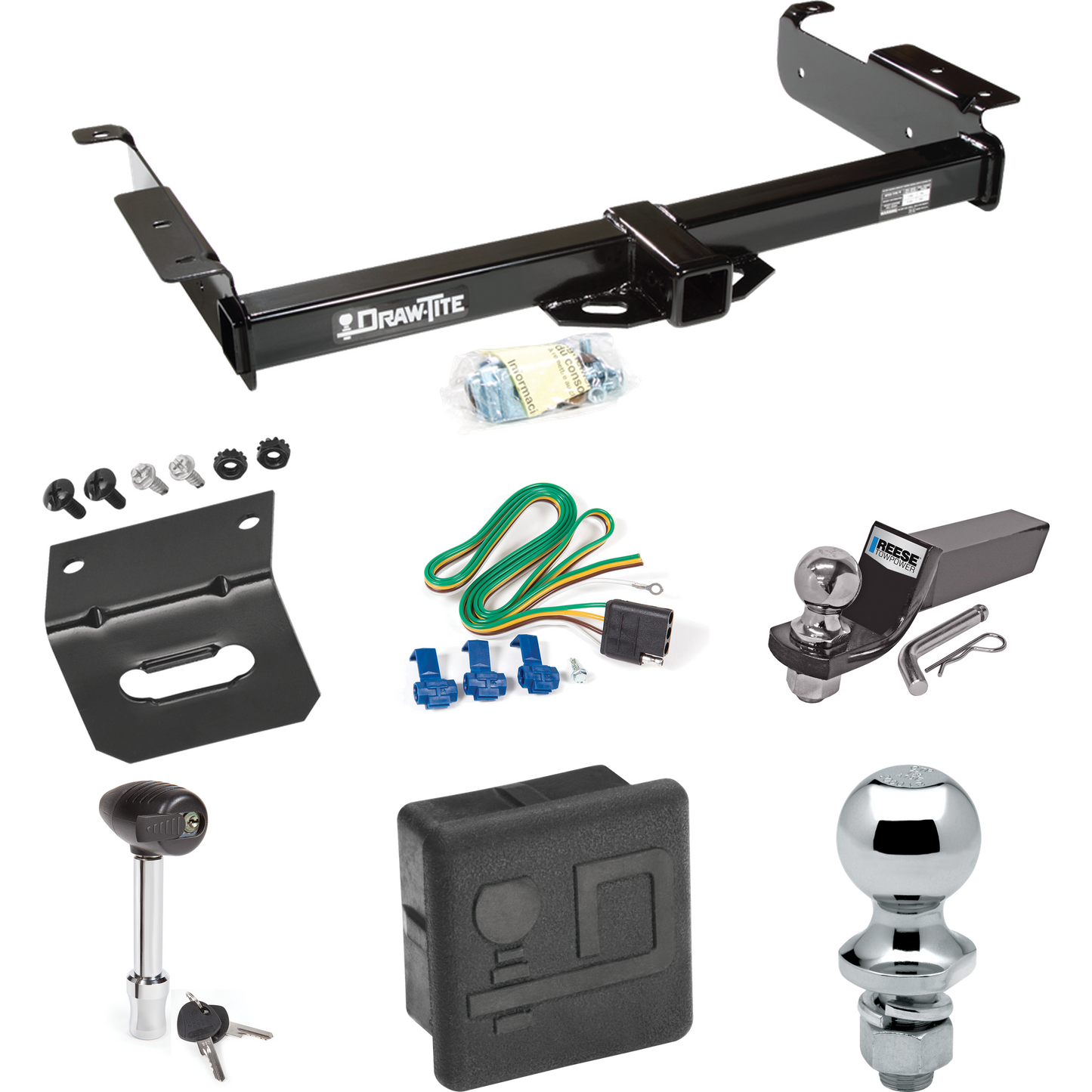 Fits 1996-1999 GMC Savana 2500 Trailer Hitch Tow PKG w/ 4-Flat Wiring + Starter Kit Ball Mount w/ 2" Drop & 2" Ball + 1-7/8" Ball + Wiring Bracket + Hitch Lock + Hitch Cover By Draw-Tite