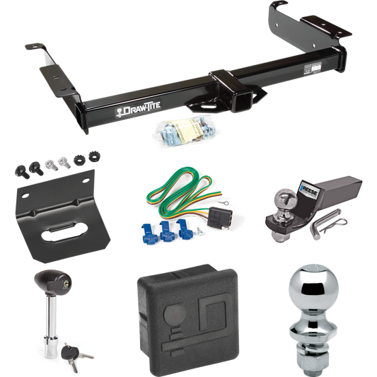 Fits 1996-1999 GMC Savana 2500 Trailer Hitch Tow PKG w/ 4-Flat Wiring + Starter Kit Ball Mount w/ 2" Drop & 2" Ball + 1-7/8" Ball + Wiring Bracket + Hitch Lock + Hitch Cover By Draw-Tite