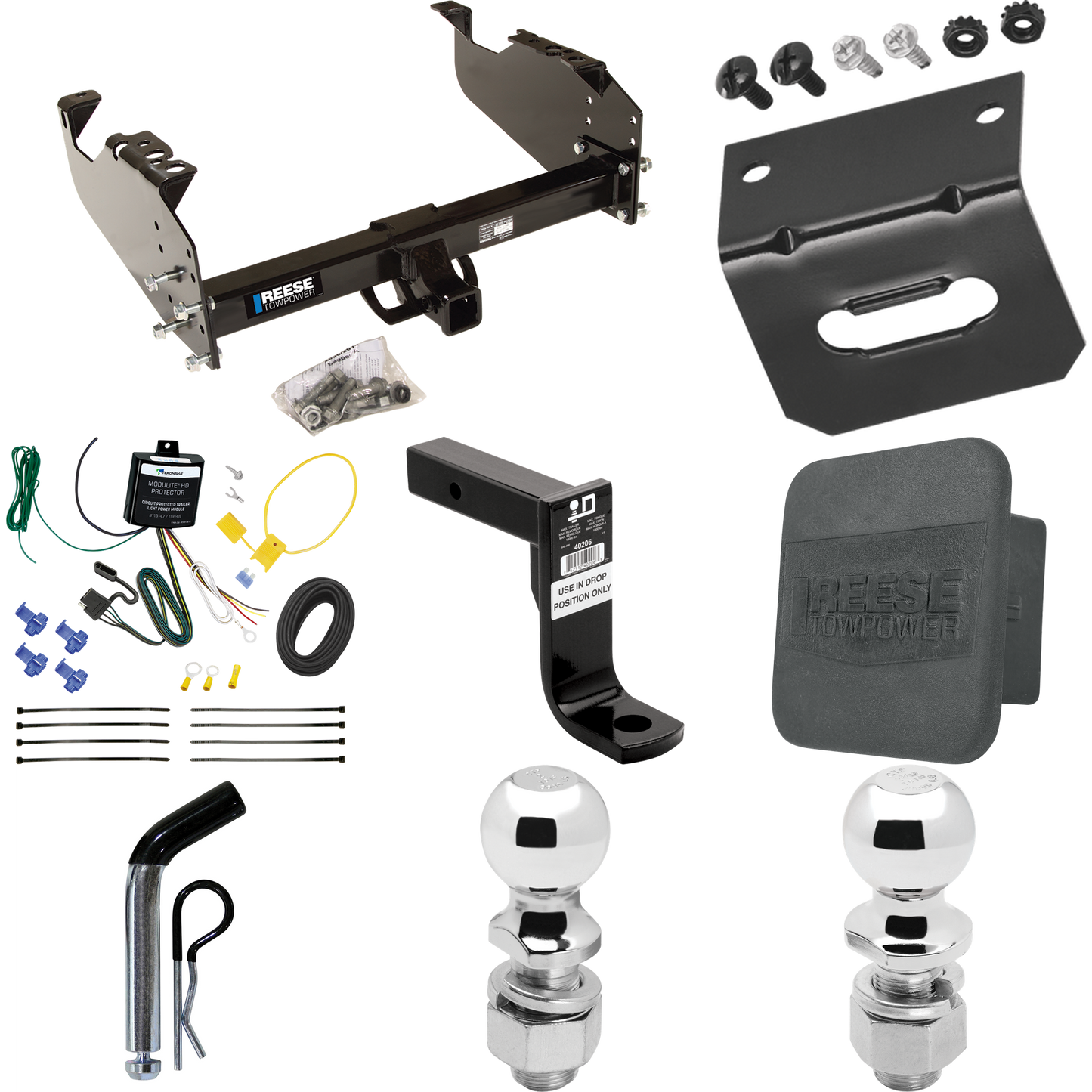 Fits 2007-2023 GMC Sierra 3500 HD Trailer Hitch Tow PKG w/ 4-Flat Wiring Harness + Ball Mount w/ 8" Drop + Pin/Clip + 2" Ball + 2-5/16" Ball + Hitch Cover + Wiring Bracket (For Cab & Chassis, w/34" Wide Frames Models) By Reese Towpower