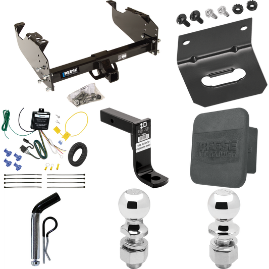 Fits 2007-2023 GMC Sierra 3500 HD Trailer Hitch Tow PKG w/ 4-Flat Wiring Harness + Ball Mount w/ 8" Drop + Pin/Clip + 2" Ball + 2-5/16" Ball + Hitch Cover + Wiring Bracket (For Cab & Chassis, w/34" Wide Frames Models) By Reese Towpower