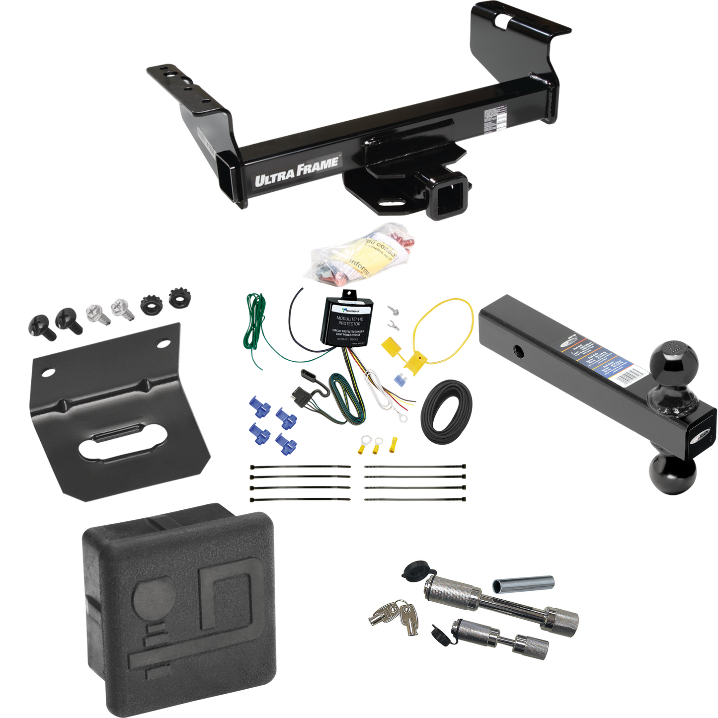 Fits 2007-2024 GMC Sierra 3500 HD Trailer Hitch Tow PKG w/ 4-Flat Wiring Harness + Dual Ball Ball Mount 2" & 2-5/16" Trailer Balls + Dual Hitch & Coupler Locks + Hitch Cover + Wiring Bracket (For Cab & Chassis, w/34" Wide Frames Models) By Draw-Tite