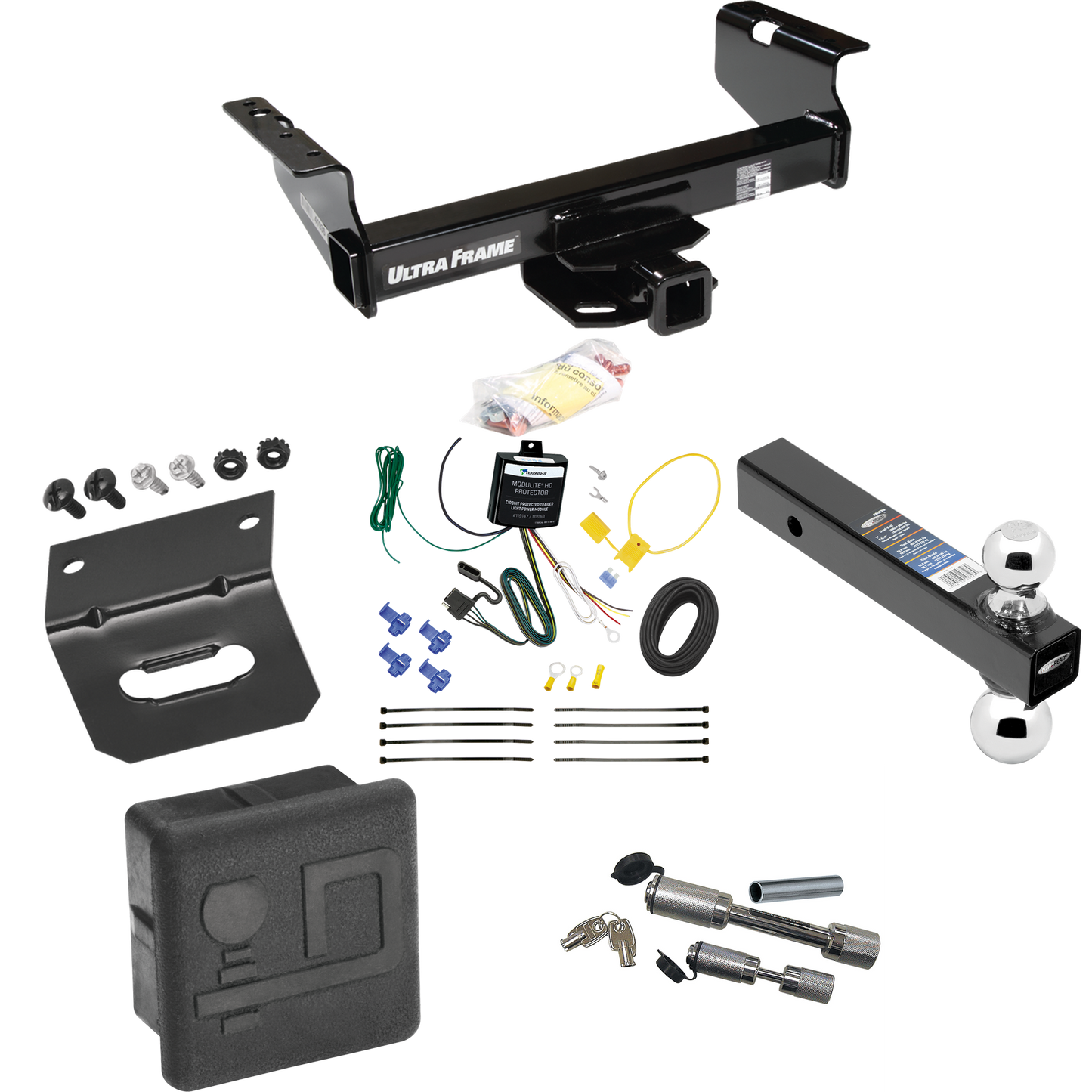 Fits 2007-2024 GMC Sierra 3500 HD Trailer Hitch Tow PKG w/ 4-Flat Wiring Harness + Dual Ball Ball Mount 2" & 2-5/16" Trailer Balls + Dual Hitch & Coupler Locks + Hitch Cover + Wiring Bracket (For Cab & Chassis, w/34" Wide Frames Models) By Draw-Tite