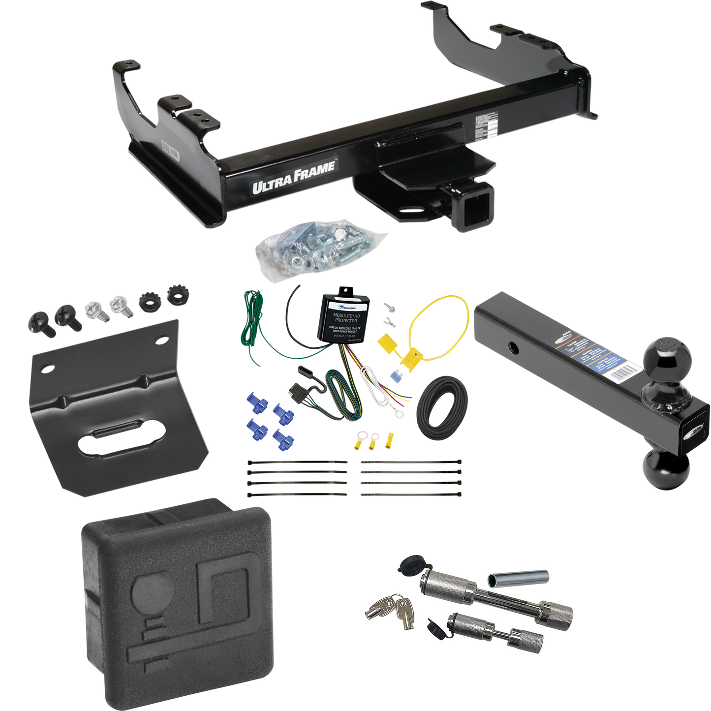 Fits 2007-2023 GMC Sierra 3500 HD Trailer Hitch Tow PKG w/ 4-Flat Wiring Harness + Dual Ball Ball Mount 2" & 2-5/16" Trailer Balls + Dual Hitch & Coupler Locks + Hitch Cover + Wiring Bracket (For Cab & Chassis, w/34" Wide Frames Models) By Draw-Tite