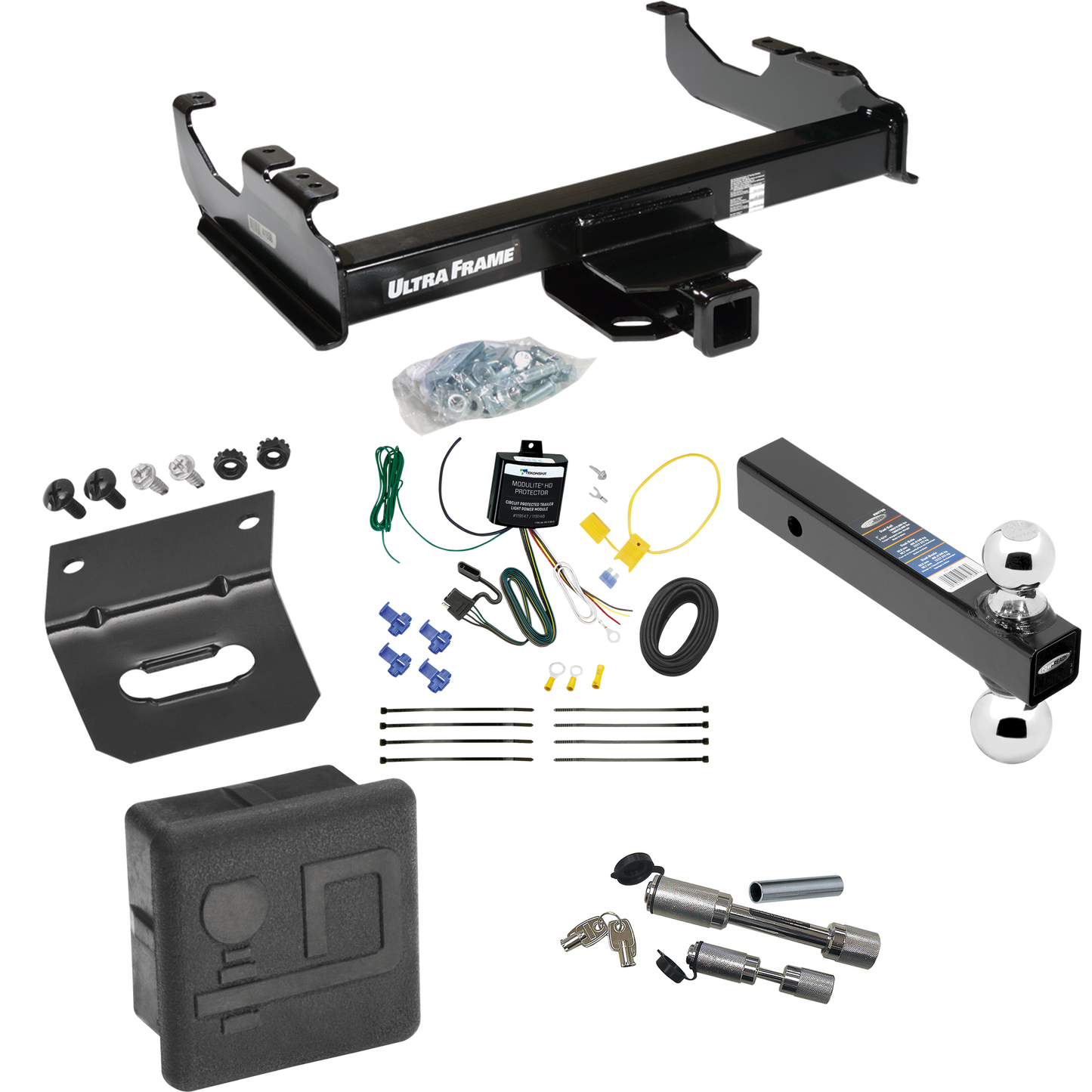 Fits 2007-2023 GMC Sierra 3500 HD Trailer Hitch Tow PKG w/ 4-Flat Wiring Harness + Dual Ball Ball Mount 2" & 2-5/16" Trailer Balls + Dual Hitch & Coupler Locks + Hitch Cover + Wiring Bracket (For Cab & Chassis, w/34" Wide Frames Models) By Draw-Tite