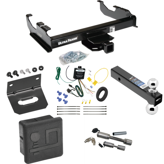 Fits 2007-2023 GMC Sierra 3500 HD Trailer Hitch Tow PKG w/ 4-Flat Wiring Harness + Dual Ball Ball Mount 2" & 2-5/16" Trailer Balls + Dual Hitch & Coupler Locks + Hitch Cover + Wiring Bracket (For Cab & Chassis, w/34" Wide Frames Models) By Draw-Tite