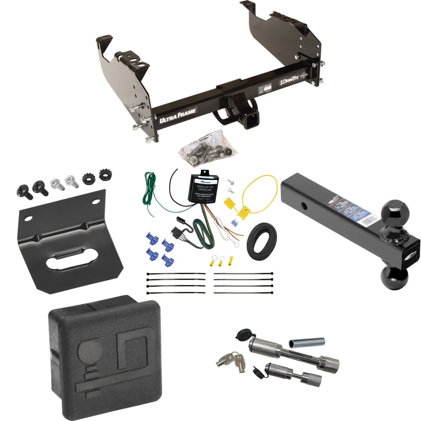 Fits 2007-2024 GMC Sierra 3500 HD Trailer Hitch Tow PKG w/ 4-Flat Wiring Harness + Dual Ball Ball Mount 2" & 2-5/16" Trailer Balls + Dual Hitch & Coupler Locks + Hitch Cover + Wiring Bracket (For Cab & Chassis, w/34" Wide Frames Models) By Draw-Tite