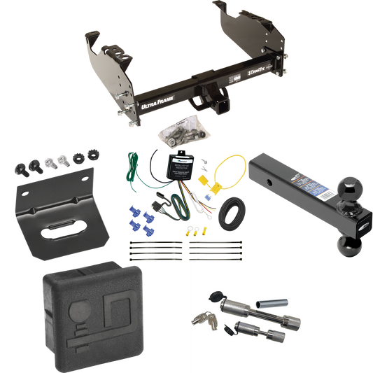 Fits 2007-2024 GMC Sierra 3500 HD Trailer Hitch Tow PKG w/ 4-Flat Wiring Harness + Dual Ball Ball Mount 2" & 2-5/16" Trailer Balls + Dual Hitch & Coupler Locks + Hitch Cover + Wiring Bracket (For Cab & Chassis, w/34" Wide Frames Models) By Draw-Tite