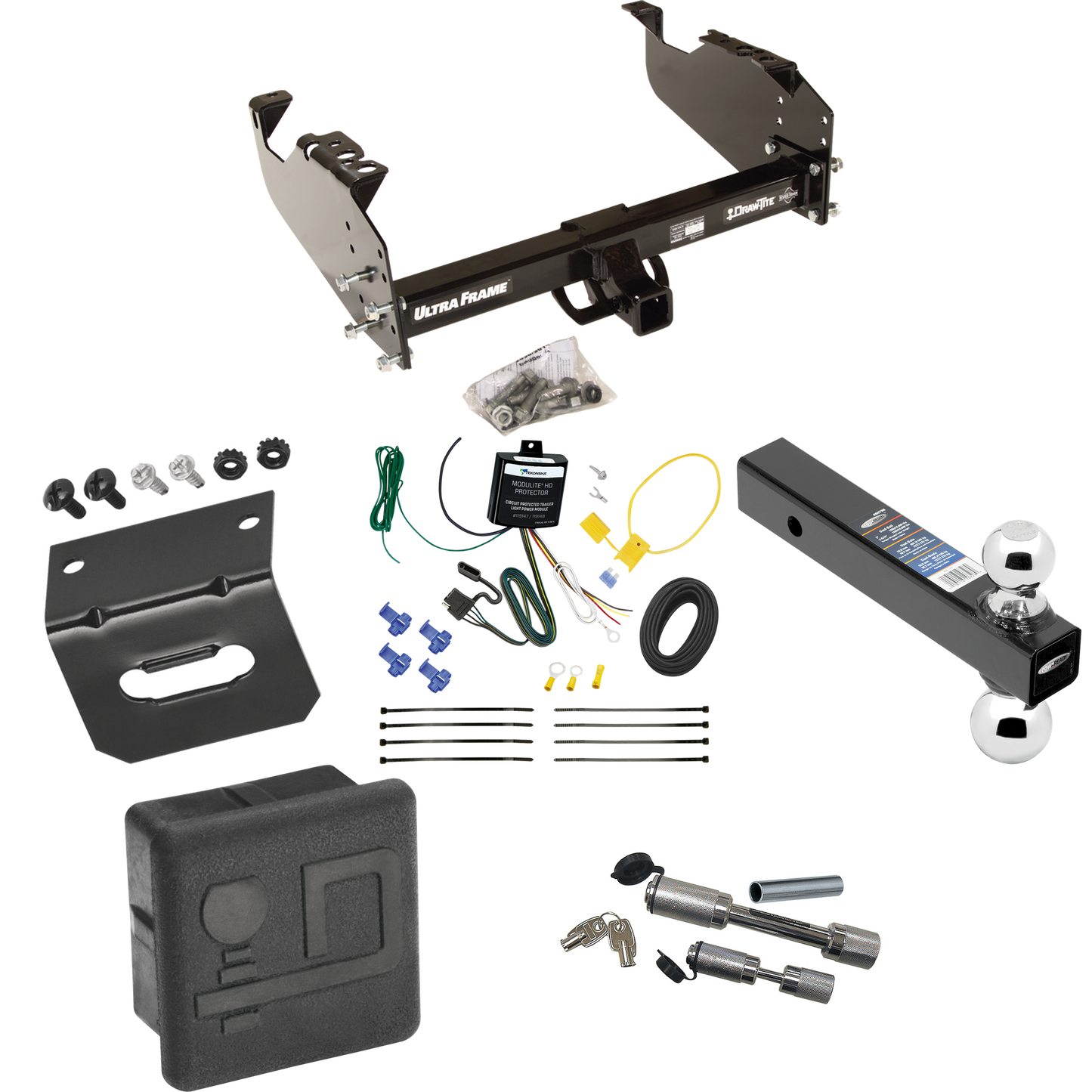 Fits 2007-2024 GMC Sierra 3500 HD Trailer Hitch Tow PKG w/ 4-Flat Wiring Harness + Dual Ball Ball Mount 2" & 2-5/16" Trailer Balls + Dual Hitch & Coupler Locks + Hitch Cover + Wiring Bracket (For Cab & Chassis, w/34" Wide Frames Models) By Draw-Tite