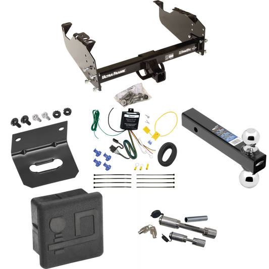 Fits 2007-2024 GMC Sierra 3500 HD Trailer Hitch Tow PKG w/ 4-Flat Wiring Harness + Dual Ball Ball Mount 2" & 2-5/16" Trailer Balls + Dual Hitch & Coupler Locks + Hitch Cover + Wiring Bracket (For Cab & Chassis, w/34" Wide Frames Models) By Draw-Tite