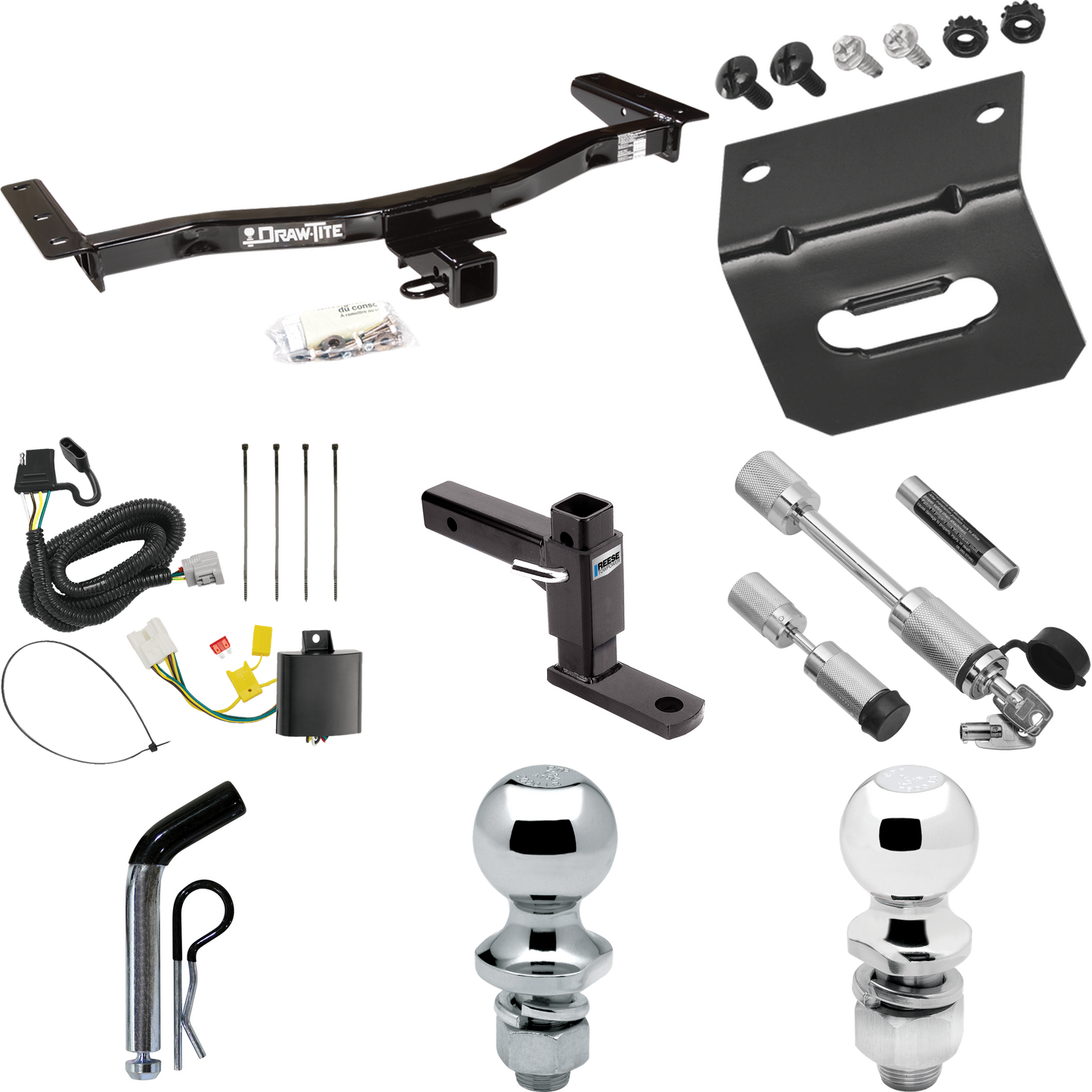 Fits 2013-2015 Lexus RX350 Trailer Hitch Tow PKG w/ 4-Flat Wiring Harness + Adjustable Drop Rise Ball Mount + Pin/Clip + 2" Ball + 1-7/8" Ball + Dual Hitch & Coupler Locks (Excludes: F Sport Models) By Draw-Tite