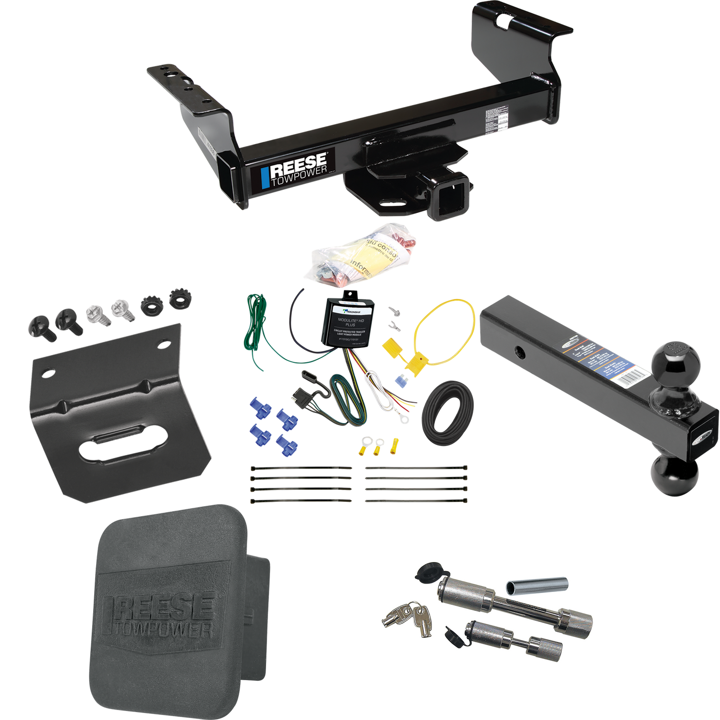 Fits 2007-2023 GMC Sierra 3500 HD Trailer Hitch Tow PKG w/ 4-Flat Wiring Harness + Dual Ball Ball Mount 2" & 2-5/16" Trailer Balls + Dual Hitch & Coupler Locks + Hitch Cover + Wiring Bracket (For Cab & Chassis, w/34" Wide Frames Models) By Reese Towp