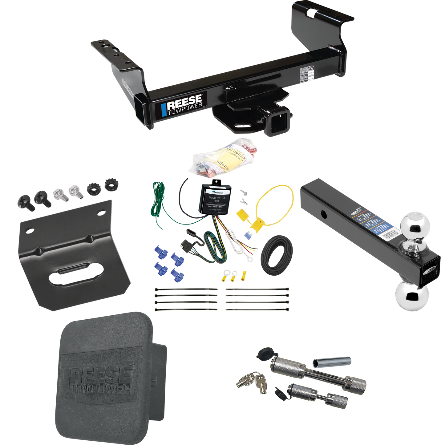 Fits 2007-2023 GMC Sierra 3500 HD Trailer Hitch Tow PKG w/ 4-Flat Wiring Harness + Dual Ball Ball Mount 2" & 2-5/16" Trailer Balls + Dual Hitch & Coupler Locks + Hitch Cover + Wiring Bracket (For Cab & Chassis, w/34" Wide Frames Models) By Reese Towp