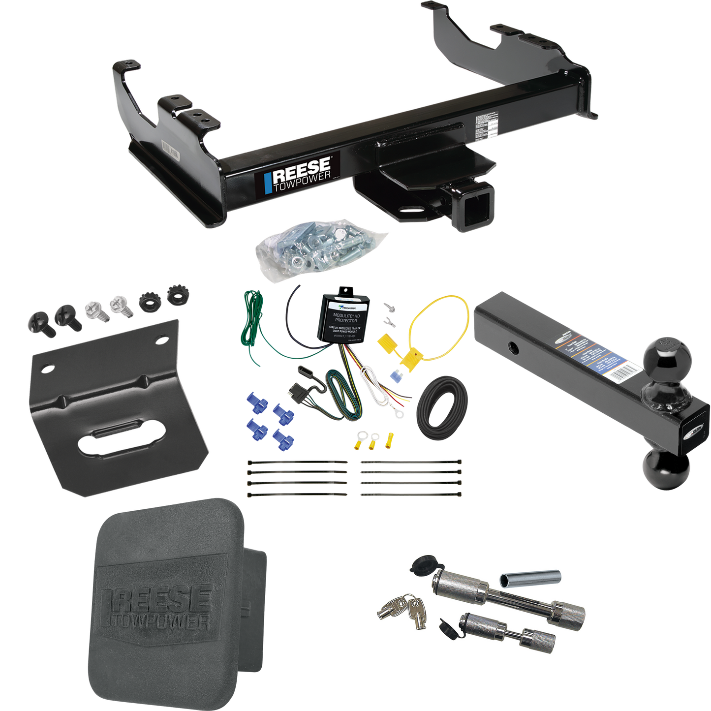 Fits 2007-2023 GMC Sierra 3500 HD Trailer Hitch Tow PKG w/ 4-Flat Wiring Harness + Dual Ball Ball Mount 2" & 2-5/16" Trailer Balls + Dual Hitch & Coupler Locks + Hitch Cover + Wiring Bracket (For Cab & Chassis, w/34" Wide Frames Models) By Reese Towp