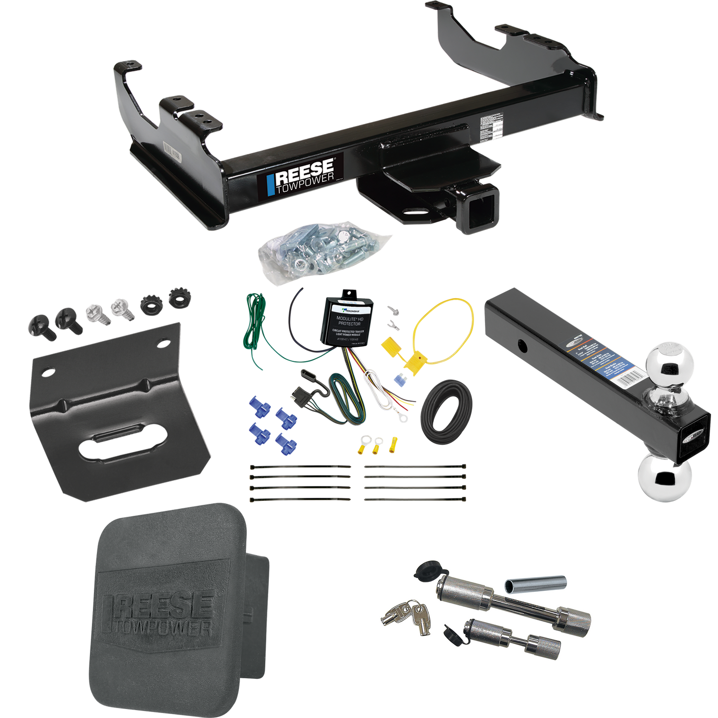 Fits 2007-2023 GMC Sierra 3500 HD Trailer Hitch Tow PKG w/ 4-Flat Wiring Harness + Dual Ball Ball Mount 2" & 2-5/16" Trailer Balls + Dual Hitch & Coupler Locks + Hitch Cover + Wiring Bracket (For Cab & Chassis, w/34" Wide Frames Models) By Reese Towp