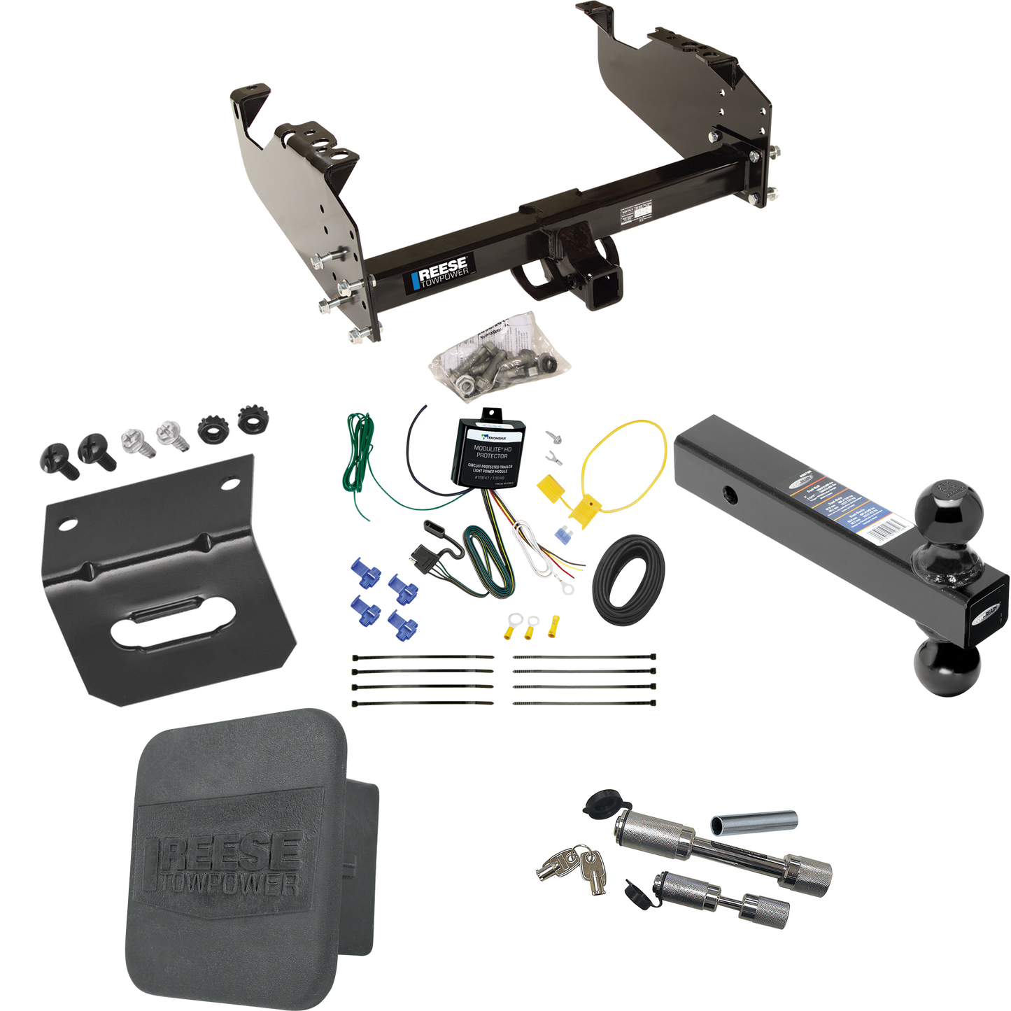 Fits 2007-2023 GMC Sierra 3500 HD Trailer Hitch Tow PKG w/ 4-Flat Wiring Harness + Dual Ball Ball Mount 2" & 2-5/16" Trailer Balls + Dual Hitch & Coupler Locks + Hitch Cover + Wiring Bracket (For Cab & Chassis, w/34" Wide Frames Models) By Reese Towp