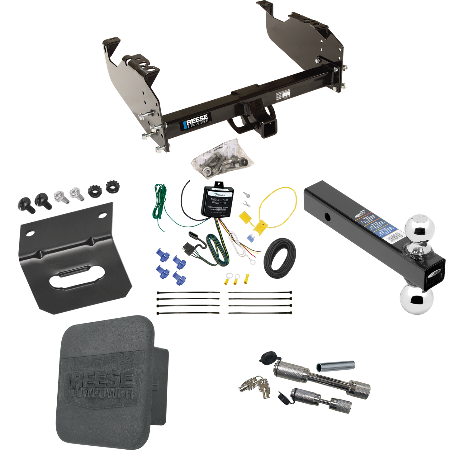 Fits 2007-2023 GMC Sierra 3500 HD Trailer Hitch Tow PKG w/ 4-Flat Wiring Harness + Dual Ball Ball Mount 2" & 2-5/16" Trailer Balls + Dual Hitch & Coupler Locks + Hitch Cover + Wiring Bracket (For Cab & Chassis, w/34" Wide Frames Models) By Reese Towp