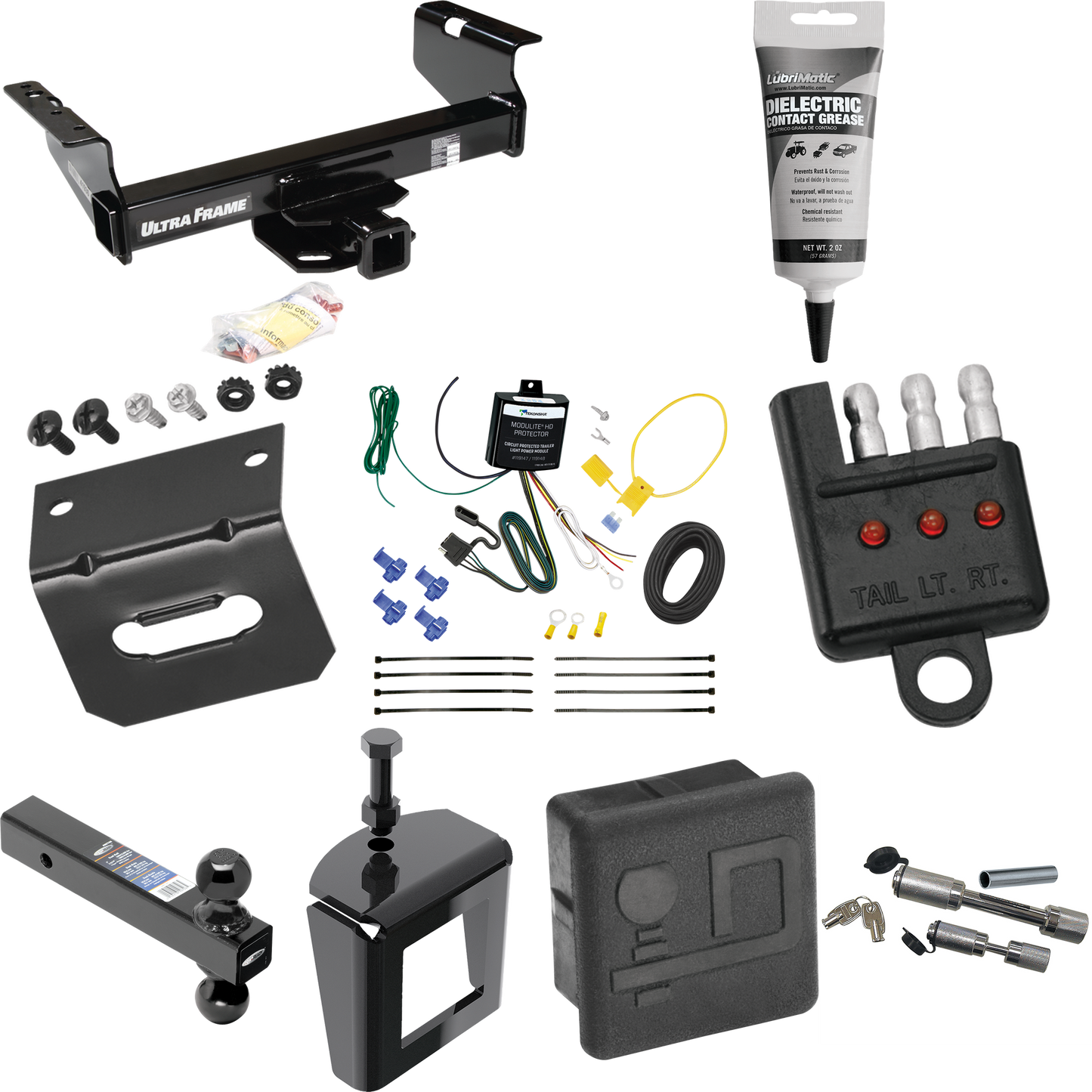 Fits 2007-2024 GMC Sierra 3500 HD Trailer Hitch Tow PKG w/ 4-Flat Wiring Harness + Dual Ball Ball Mount 2" & 2-5/16" Trailer Balls + Dual Hitch & Coupler Locks + Hitch Cover + Wiring Bracket + Wiring Tester + Electric Grease + Anti Rattle Device (For