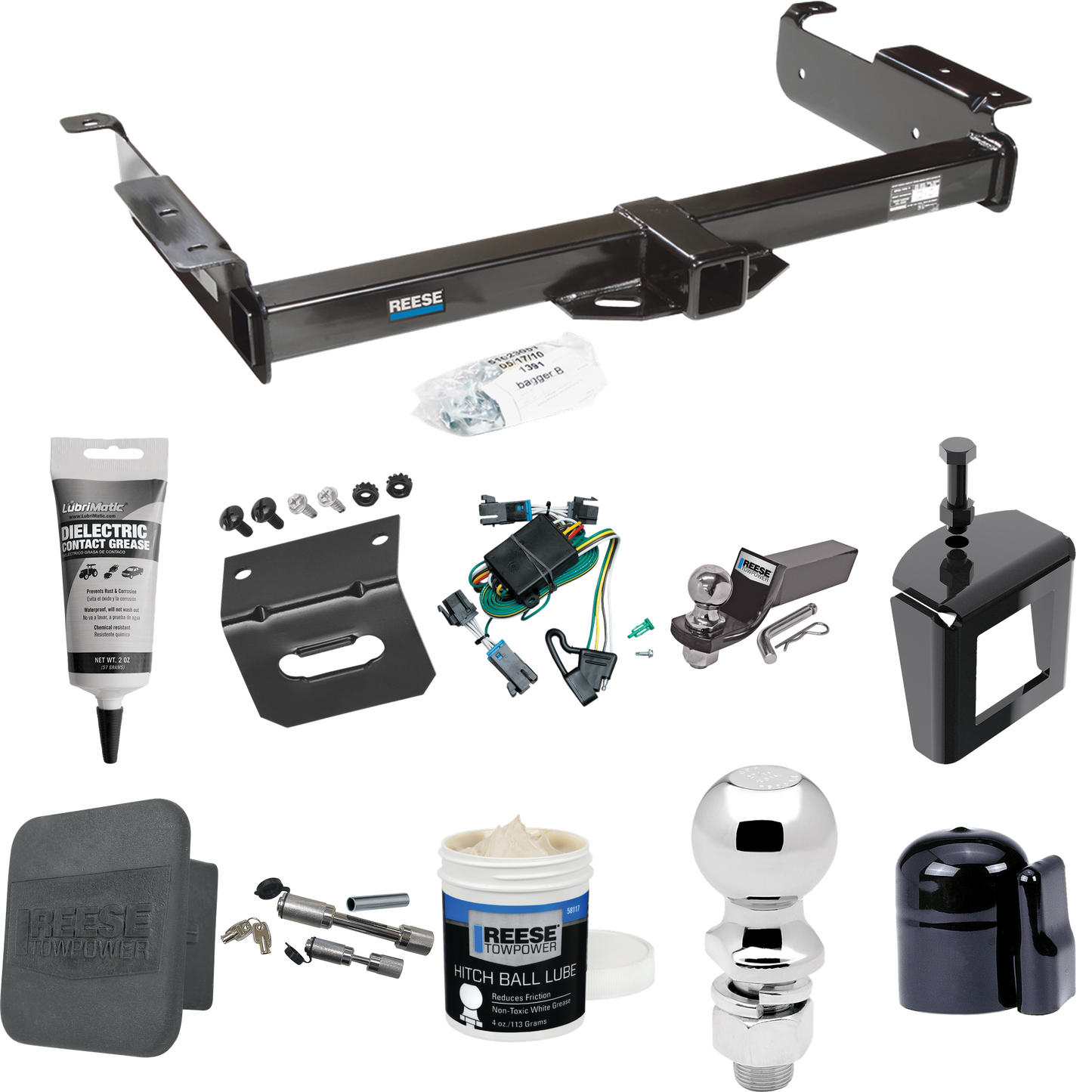 Fits 2000-2002 GMC Savana 3500 Trailer Hitch Tow PKG w/ 4-Flat Wiring + Starter Kit Ball Mount w/ 2" Drop & 2" Ball + 2-5/16" Ball + Wiring Bracket + Dual Hitch & Coupler Locks + Hitch Cover + Wiring Tester + Ball Lube +Electric Grease + Ball Wrench